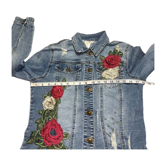 Masseys Trucker Jacket Women's 4 Blue Floral Denim Cotton Stretch Embroidered - Picture 5 of 8